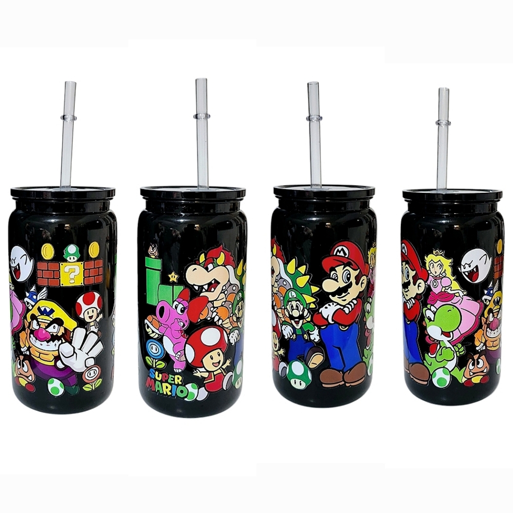Super Mario Bros Cartoons Black Acrylic Plastic Tumbler Cup 16oz